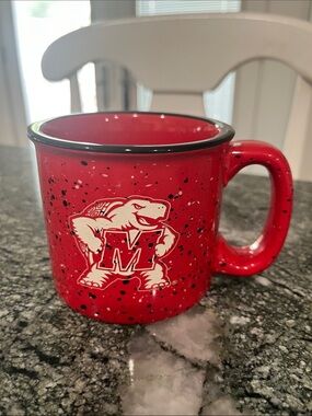 Red Speckled Ceramic Camp-Style Mug with White Logo